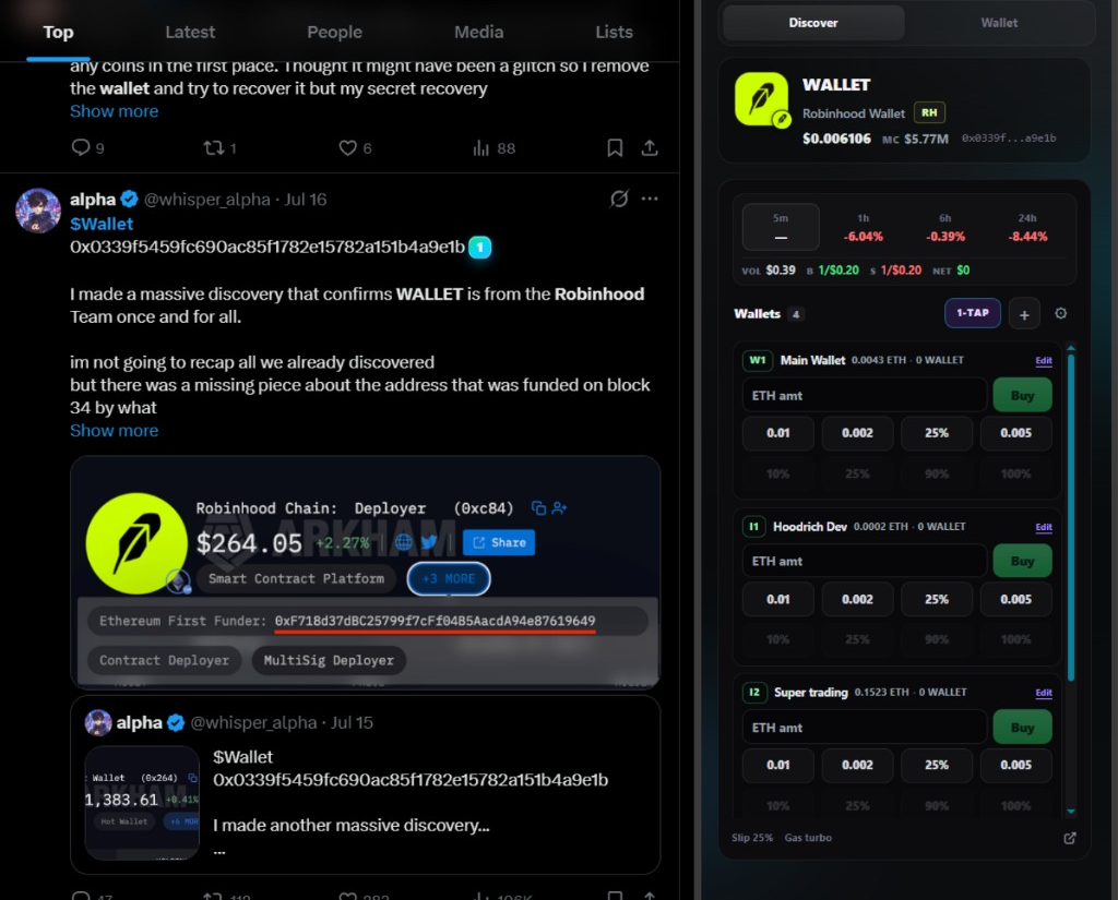 RobinCash side panel detecting and trading a token found on X